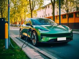 ev elektrisch Auto mit ein niedrig Batterie aufladen beim ein elektrisch Laden station.generativ ai. foto