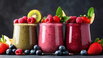 einstellen von Obst Smoothie, gesund Obst und Gemüse Smoothies.generativ ai. foto