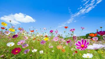 bunt Kosmos Blume Wiese im Frühling mit Blau Himmel.generativ ai. foto