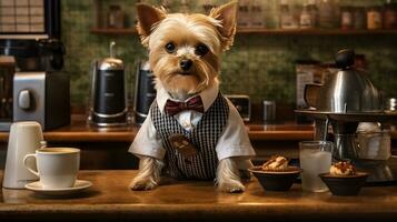 Hund gekleidet Barista Portion Kaffee im das Kaffee shop.generativ ai. foto