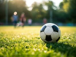 Fokus auf das Fußball Ball im das Center von das Fußball field.generative ai. foto