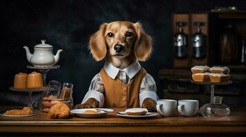 Hund gekleidet Barista Portion Kaffee im das Kaffee shop.generativ ai. foto