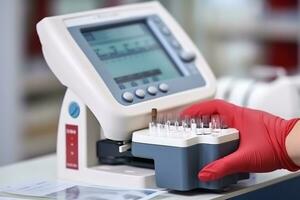 Apotheker mit Blut Prüfung Ausrüstung im Krankenhaus hintergrund.generativ ai. foto