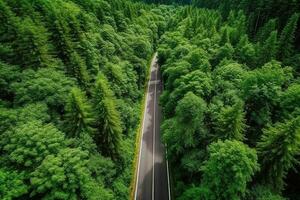 Straße Winde durch das üppig Wald mit modern Autos Fahren durch das Bäume.generativ ai. foto