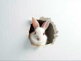 Hase späht aus Loch im das Weiß Mauer mit bunt Ostern Ei.generativ ai. foto