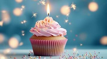Geburtstag Rosa Cupcake bunt Kerzen zum Feier Wunderkerze.generativ ai. foto