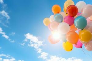 Bündel von bunt Luftballons mit schweben auf ein Blau Himmel hintergrund.generativ ai. foto