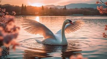 Schwan Verbreitung Flügel im das Fluss mit Fuji Berg hintergrund.generativ ai. foto