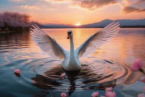 Schwan Verbreitung Flügel im das Fluss mit Fuji Berg hintergrund.generativ ai. foto