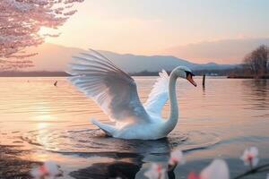 Schwan Verbreitung Flügel im das Fluss mit Fuji Berg hintergrund.generativ ai. foto