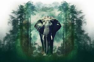 doppelt Exposition Elefant mit Grün wald.generativ ai. foto