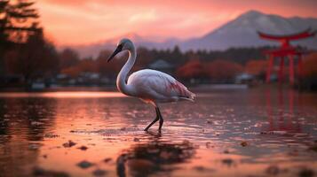 Flamingo auf Fluss mit torii Tor und Sonnenuntergang hintergrund.generativ ai. foto