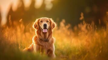 golden Retriever Sitzung auf Wiese mit sonnenuntergang.generativ ai. foto