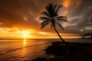 Sonnenaufgang Hawaii mit Kokosnuss Baum.generativ ai. foto