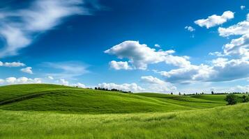 grasig Hügel mit Blau Himmel.generativ ai. foto