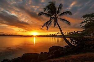 Sonnenaufgang Hawaii mit Kokosnuss Baum.generativ ai. foto