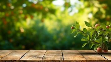 hölzern Tabelle auf das Garten hintergrund.generativ ai. foto