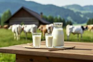 frisch Milch auf hölzern Tabelle mit Kühe auf Wiese hintergrund.generativ ai. foto