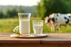 frisch Milch auf hölzern Tabelle mit Kühe auf Wiese hintergrund.generativ ai. foto