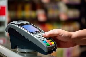 Hand halten Anerkennung Karte Zahlung Maschine im das Supermarkt.generativ ai. foto