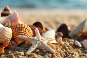 Meer Muscheln und Seestern auf das Sand.generativ ai. foto