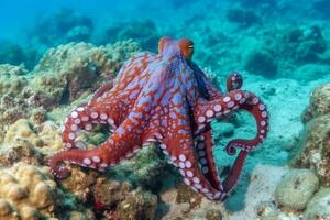 rot Tintenfisch auf Koralle Riff im das meer.generativ ai. foto