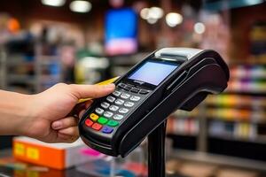 Hand halten Anerkennung Karte Zahlung Maschine im das Supermarkt.generativ ai. foto