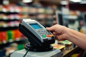 Hand halten Anerkennung Karte Zahlung Maschine im das Supermarkt.generativ ai. foto