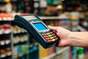 Hand halten Anerkennung Karte Zahlung Maschine im das Supermarkt.generativ ai. foto