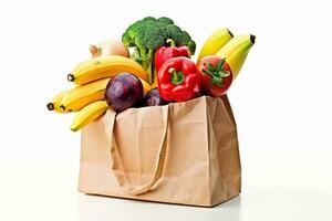 Einkaufen Taschen mit Früchte und Gemüse isoliert auf Weiß hintergrund.generativ ai. foto