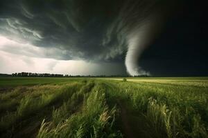 Tornado im das Wiese.generativ ai. foto