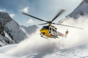 Schnee Berg Rettung Hubschrauber ist nehmen aus.generativ ai. foto