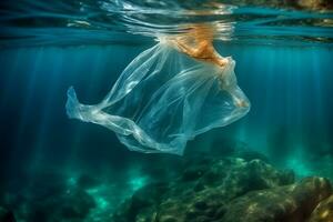 Plastik Tasche unter im das meer.generativ ai. foto