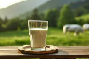 frisch Milch auf hölzern mit Gras Feld und Kühe hintergrund.generativ ai. foto