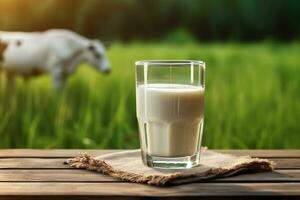 frisch Milch auf hölzern mit Gras Feld und Kühe hintergrund.generativ ai. foto