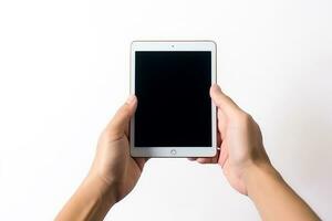 Hand halten Tablette Computer isoliert auf Weiß hintergrund.generativ ai. foto