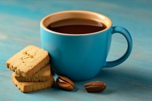 Kaffee Tasse und Plätzchen Schokolade auf Blau hölzern hintergrund.generativ ai. foto