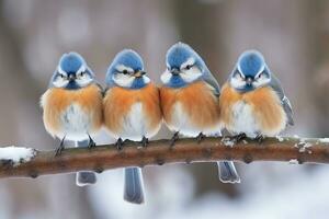 Meise Vögel auf Ast mit Schnee winter.generativ ai. foto