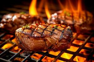 Grillen Steaks auf flammend grill.generativ ai. foto