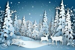 Weihnachten Rentier im Wald mit Winter Schnee, Papier Schnitt Stil . foto