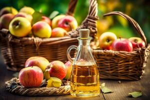 Apfel Apfelwein im ein Glas Krug und ein Korb von frisch Äpfel foto