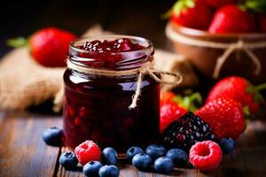 Beere Marmelade im Krug und Korb von Beeren auf Hintergrund foto