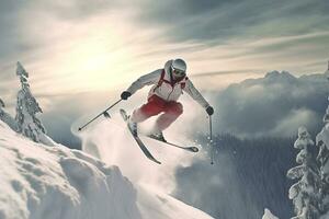 Athlet Skifahrer Springen durch Schnee Berg foto