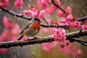 Vogel auf Sakura Ast mit regnerisch foto