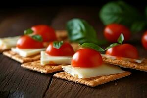 Cracker mit Käse ,Tomate im das hölzern Hintergrund foto