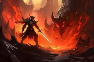 Fantasie Ritter schwingen ein Schwert gegenüber Dämon von Hölle foto