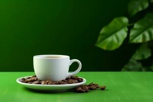 Kaffee Tasse mit Kaffee Bohne auf Grün Blatt Hintergrund foto