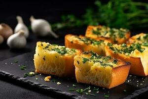 Knoblauch Brot mit Kraut auf schwarz Stein Hintergrund foto