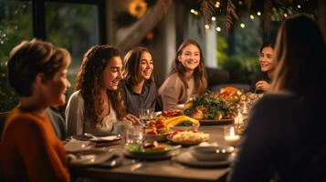 glücklich Familie beim das Erntedankfest Abendessen foto