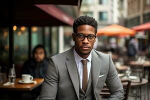 Afroamerikaner Geschäftsmann mit Brille im ein Straße Hintergrund foto